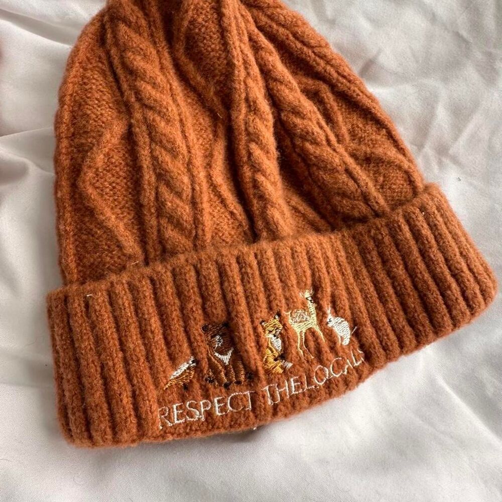 NWT camel brown respect the locals woodland animals embroidered beanie